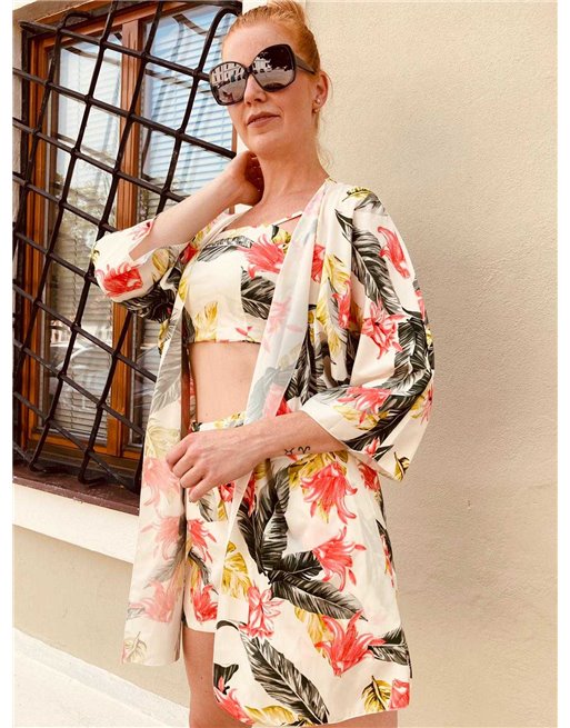 Letný trojkomplet croptop+kraťasy+kaftan