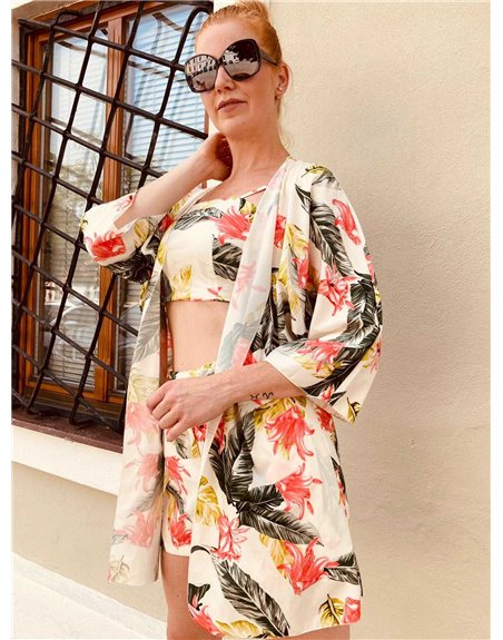 Letný trojkomplet croptop+kraťasy+kaftan