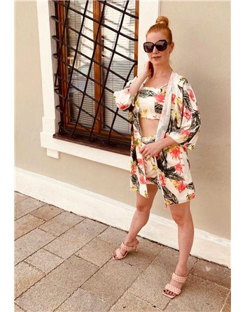 Letný trojkomplet croptop+kraťasy+kaftan