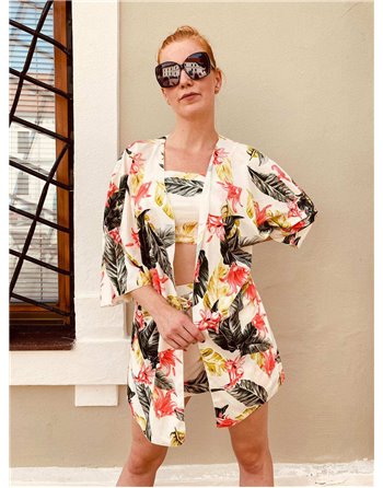 Letný trojkomplet croptop+kraťasy+kaftan